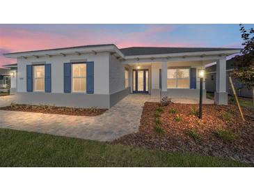 One-story home with gray siding, blue shutters, and a covered porch at 9781 Sw 79Th Lane Rd, Ocala, FL 34481