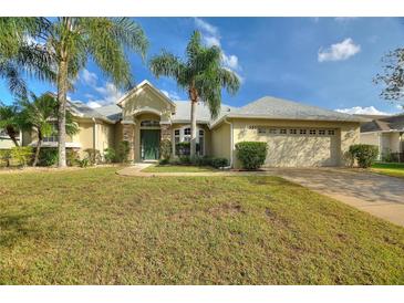 Single-story house with a two-car garage and palm trees in the front yard at 357 Magneta Loop, Auburndale, FL 33823