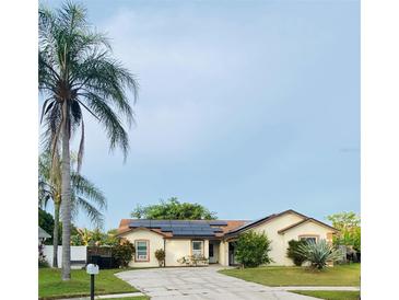 Single-story home with solar panels and a palm tree in the front yard at 2103 Pimlico St, Orlando, FL 32822