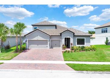 Two-story house with gray exterior, two-car garage, and landscaped yard at 3875 Bowfin Trl, Kissimmee, FL 34746