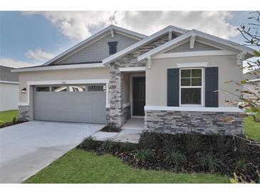 One-story home with gray siding, stone accents, and a two-car garage at 4216 Sawtooth Ct, Tavares, FL 32778