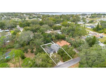 Aerial view of a single-story house with a large backyard, located near a lake at 650 Drew Ave, Clermont, FL 34711