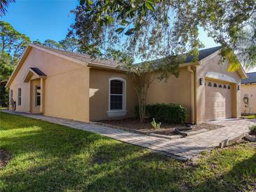 Tan house with a two-car garage and landscaped yard at 516 Millifiora Ln, Kissimmee, FL 34759