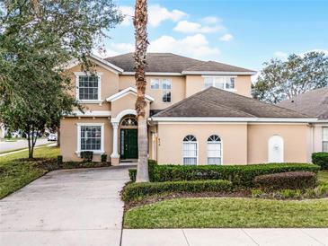 Two-story house with tan exterior, green door, and palm tree in front at 673 Copeland Dr, Haines City, FL 33844