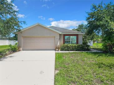 Tan one-story house with a two-car garage and manicured lawn at 5411 Great Egret Dr, Leesburg, FL 34748