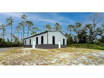 Metal building exterior with gray and white siding, in a wooded area at 4101 Budd Rd, New Smyrna Beach, FL 32168