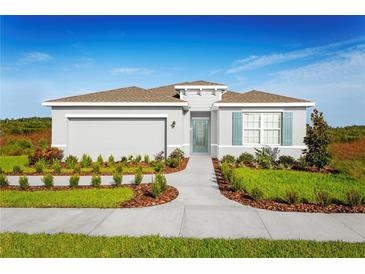 Single-story home with gray siding, brown roof, and landscaped front yard at 113 Eagle Harbor Way, Daytona Beach, FL 32124