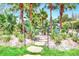 Stone path meanders through a lush tropical garden with palm trees at 24120 Mink Rd, Astor, FL 32102