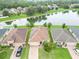 Aerial view of houses near a lake, several with solar panels at 4814 Rockvale Dr, Kissimmee, FL 34758