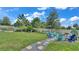 Landscaped backyard with firepit, seating, and stone pathway at 411 Sunfish Dr, Winter Haven, FL 33881