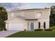 Two-story house with light beige siding, a two-car garage, and a teal front door at 1053 Ambleside Dr, Haines City, FL 33844