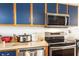 Modern kitchen with stainless steel appliances and blue cabinets at 3170 Ocean Shore Blvd # 305, Ormond Beach, FL 32176