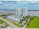 Aerial view of twin towers, parking, and waterfront at 231 Riverside Dr # 2601-1, Daytona Beach, FL 32117