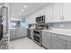 Modern kitchen with stainless steel appliances and gray cabinets at 89 S Atlantic Ave # 1002, Ormond Beach, FL 32176