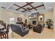 Living room with a stone fireplace, wood beams, and leather sofas at 10710 Sw 49Th Ave, Ocala, FL 34476