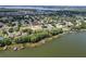 Aerial perspective showcasing a lakefront community with numerous houses and private docks at 3011 Indian Trl, Eustis, FL 32726