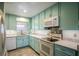 Kitchen with teal cabinets, granite counters, and stainless steel appliances at 601 N Mcdonald St # 608, Mount Dora, FL 32757