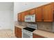 White appliances and wood cabinets in this updated kitchen at 36649 Sundance Dr, Grand Island, FL 32735