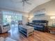 Living room with sliding doors to backyard, leather couch, and recliner at 616 Cokesbury Dr, The Villages, FL 32162
