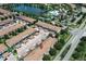 Aerial view of community with resort-style pool, tennis courts, and lake at 2019 Majorca Dr, Kissimmee, FL 34747