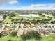 Aerial view of neighborhood with lake and lush greenery at 5430 Sir Churchill Dr, Leesburg, FL 34748