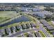Aerial view of houses, a pond, and community features at 5035 Stokes Way, Wildwood, FL 34785