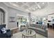 Open living room with gray sofa and hardwood floors at 5096 Greens Dr, Lady Lake, FL 32159