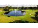 Aerial view of a lush golf course with a pond and fountain at 8001 Arcadian Ct, Mount Dora, FL 32757