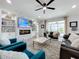 Living room with fireplace, pool view, and ample seating at 405 Amola Way, Howey In The Hills, FL 34737