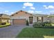 One-story home with brown garage door, landscaping, and brick pavers at 29549 Caspian St, Leesburg, FL 34748