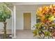 Front porch with tan door and tropical plants at 13724 Country Club Dr, Tavares, FL 32778