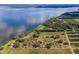 Aerial view showcasing a lakefront property with orchards at 38230 Yale Cir, Leesburg, FL 34788
