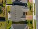 Aerial view of a house with a gray roof, brick driveway, and backyard patio at 1150 Blarney St, Minneola, FL 34715