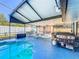 Pool deck with Blackstone grill, table, and chairs at 316 Amanda Ln, Leesburg, FL 34748