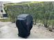 Covered grill in a landscaped backyard with privacy hedges at 2850 Apache Ct, The Villages, FL 32163