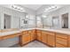 Double vanity bathroom with wood cabinets and a large mirror at 2469 Morven Park Way, The Villages, FL 32162