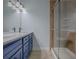Bathroom with double vanity, blue cabinets, and shower at 2247 Cypress Cove Dr # E2, Tavares, FL 32778