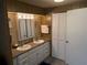 Double vanity bathroom with updated fixtures and linen closet at 975 Cr 461, Lake Panasoffkee, FL 33538