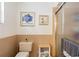 Small bathroom with toilet, shower, and decorative framed art at 152 Audubon Ct, Winter Haven, FL 33884