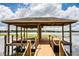 Covered boat dock on the lake with a wooden walkway at 4848 Island Shores Ln, Lakeland, FL 33809