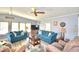 Spacious living room with teal sofas, wood flooring, and ceiling fan at 5002 Lodgewood Dr, Lakeland, FL 33810