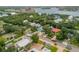 Aerial view showcasing a teal house, neighboring homes, and a waterway in the background at 412 S Peninsula Ave, New Smyrna Beach, FL 32169