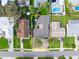 Aerial view showcasing home's location and surrounding properties at 624 S Pine St, New Smyrna Beach, FL 32169