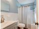 Bathroom features light blue walls, white vanity, and shower/tub combo at 132 Ellison Ave, New Smyrna Beach, FL 32168