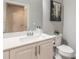 Half bathroom with white vanity, white countertop, and decorative mirror at 3414 Medici Blvd, New Smyrna Beach, FL 32168