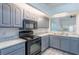 Modern kitchen featuring gray cabinets, black appliances, and a pass-through window at 4548 Summergrove Ave, Orlando, FL 32812