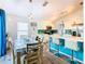 Kitchen and dining area with white cabinets and teal accents at 114 Castlemain Cir, Davenport, FL 33897