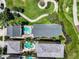 Aerial view showcasing two homes with private pools and lush landscaping at 7576 Excitement Dr, Reunion, FL 34747