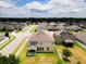 Aerial view of a residential neighborhood featuring houses with solar panels and lush green yards at 1508 Caterpillar St, St Cloud, FL 34771