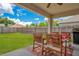 Covered patio with seating area and fenced backyard at 421 Paradise Woods Ct, Davenport, FL 33896